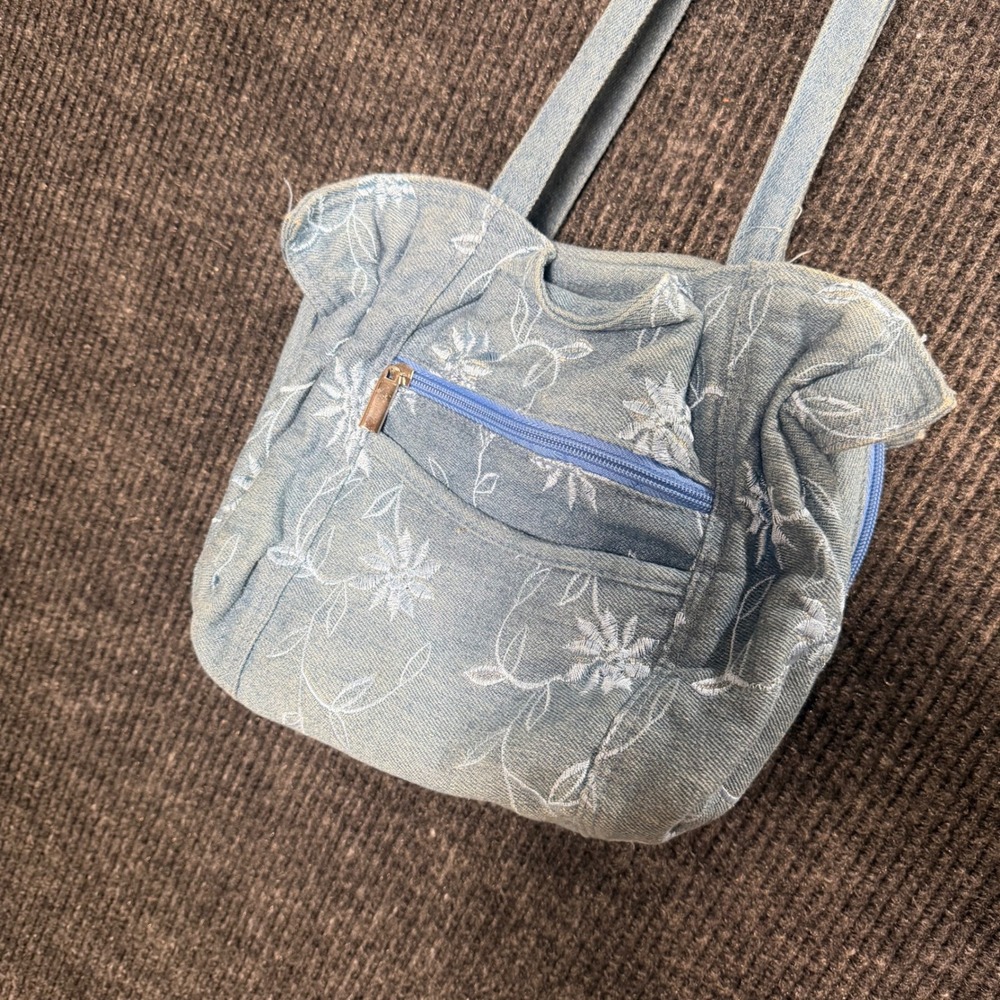 Vintage Y2K Denim Floral Ruffle Shoulder Bag Blue Coquette Purse RN 106740